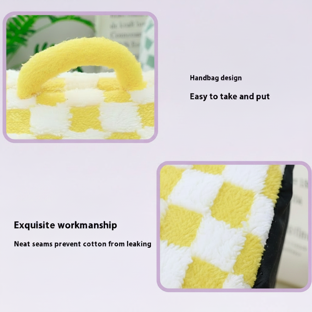 Checkered pet cave bed feature infographic highlighting handbag-style carry handle for easy portability and close-up of neat sealed seams for durable leak-proof construction on a soft lavender background