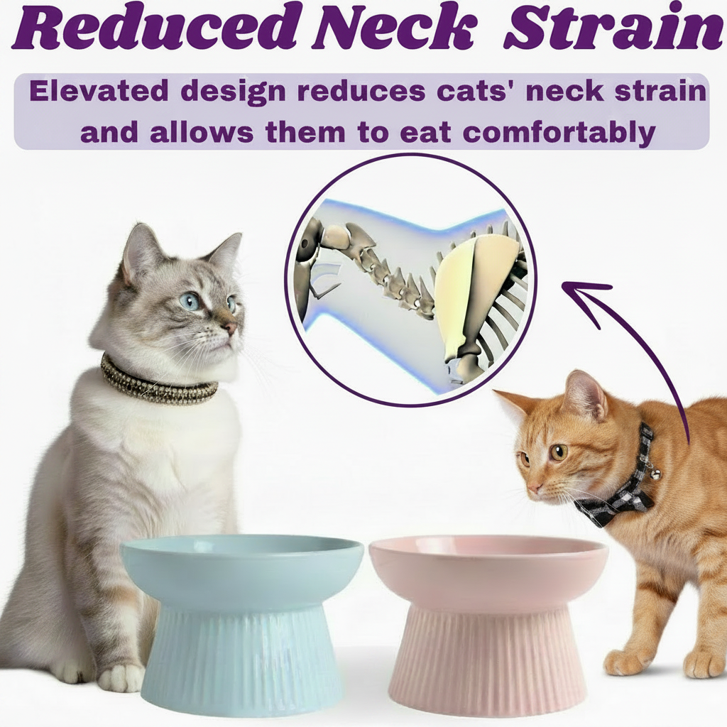 Reduced neck strain infographic showing two cats with mint blue and blush pink raised ceramic slow feeder bowls, spine diagram callout with dark purple arrow, white background