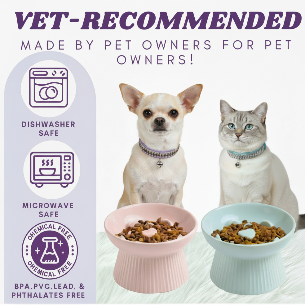 Vet-recommended ceramic raised slow feeder cat bowls infographic — dishwasher safe, microwave safe, BPA and chemical free, shown with two cats eating from pink and blue bowls