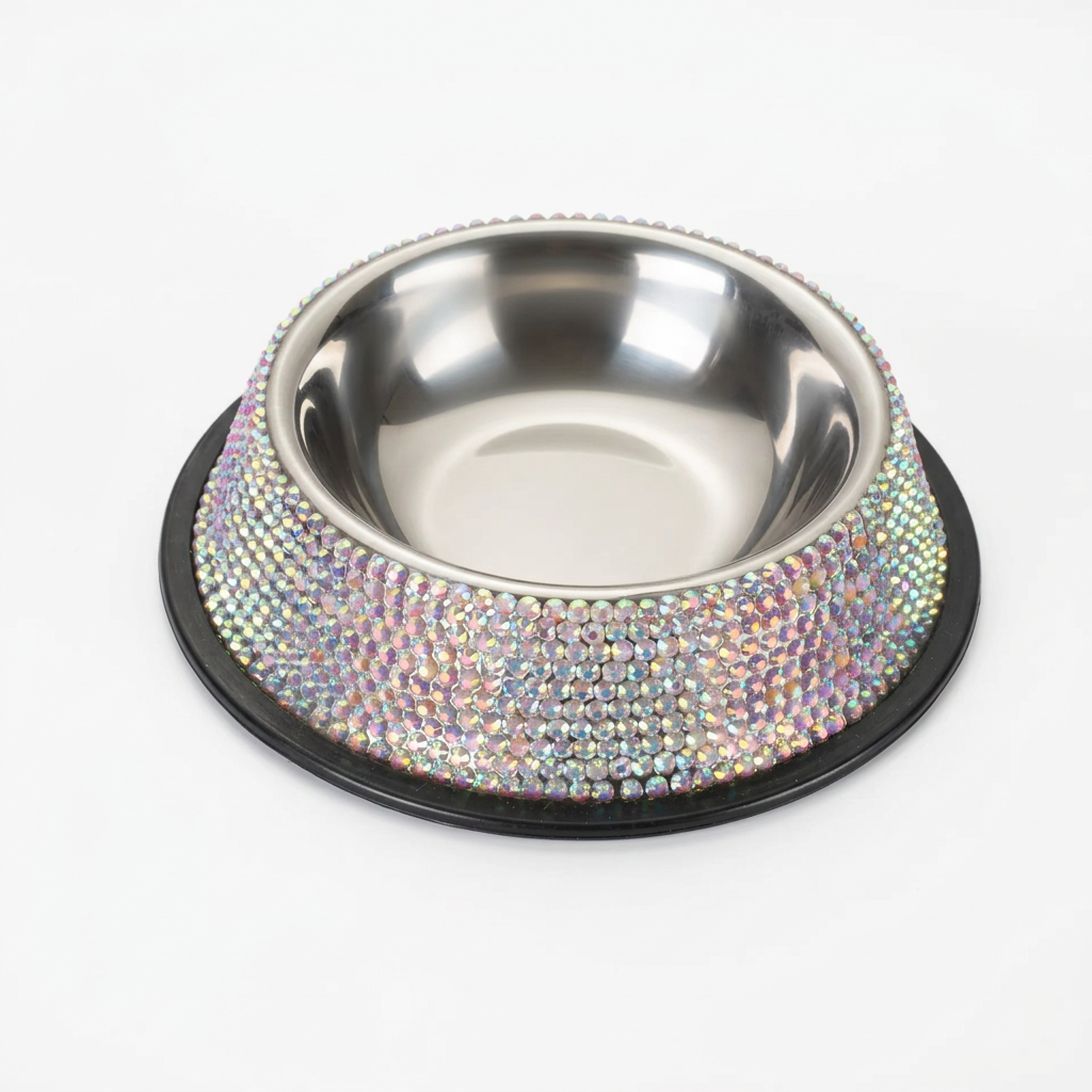 Iridescent aurora-borealis rhinestone single bowl on white background