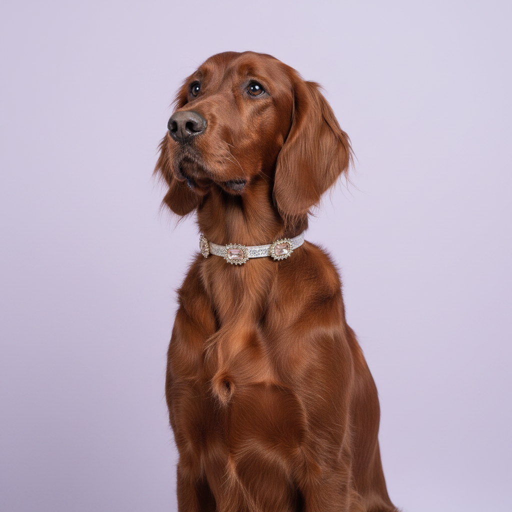 Dark-eyed mahogany Irish Setter sitting tall and gazing upward wearing a silver glitter rhinestone collar with multiple rhinestone-framed champagne blush rectangular crystal embellishments, luxury sparkle rectangular gem dog collar for large breeds on solid lavender background