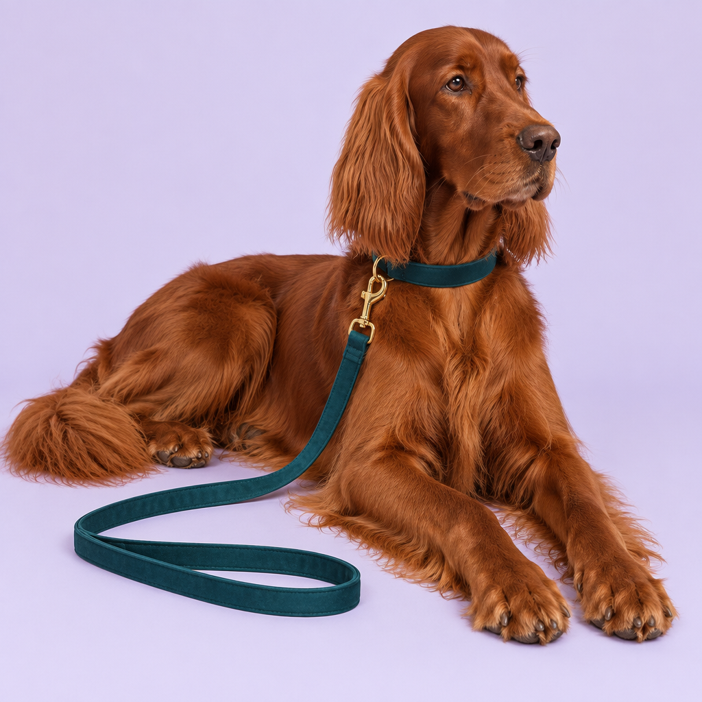 Irish Setter with plain teal velvet collar and leash