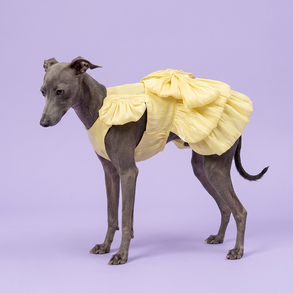 Italian greyhound wearing the lemon-yellow dress