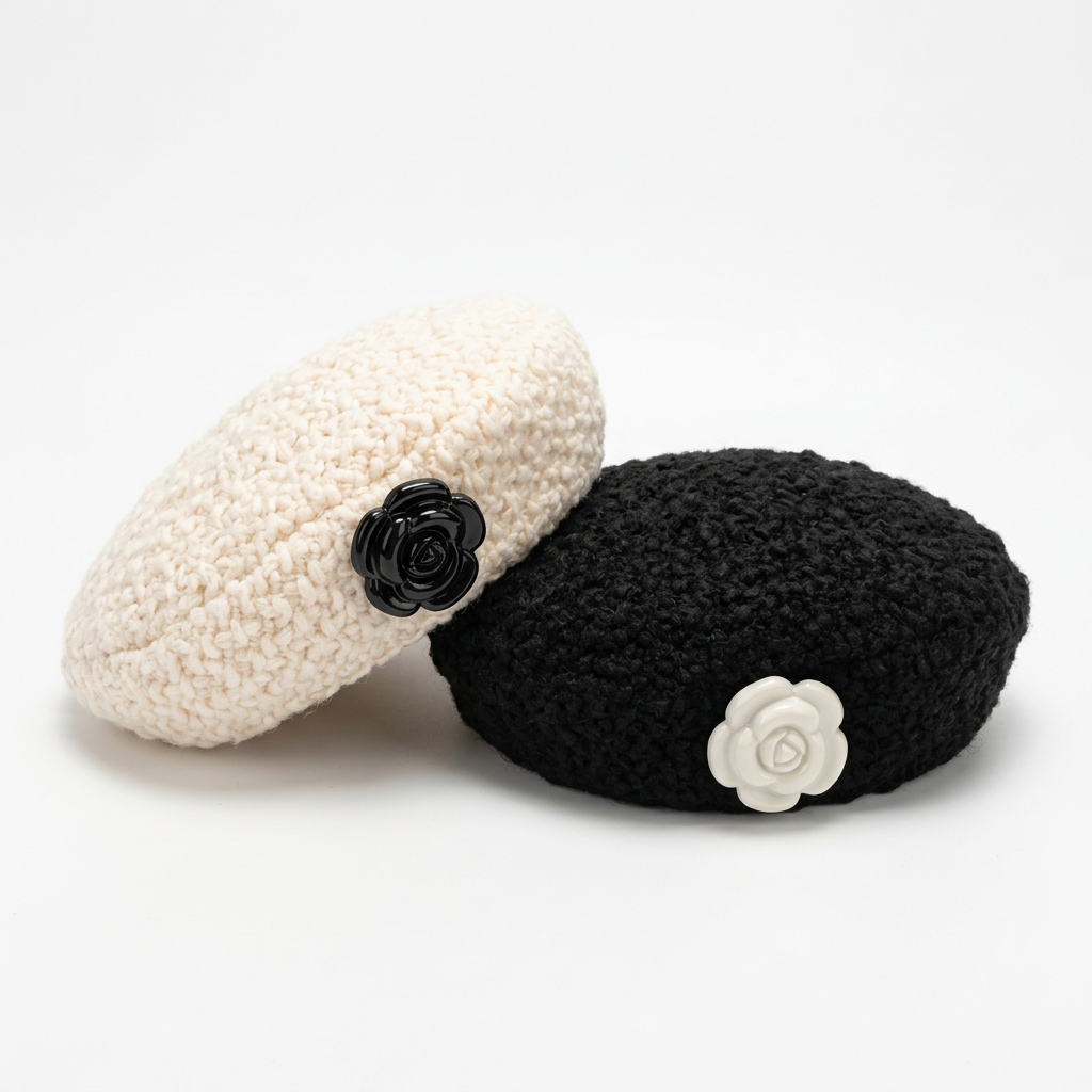 Ivory and black rose-detail beret hats on a square white background