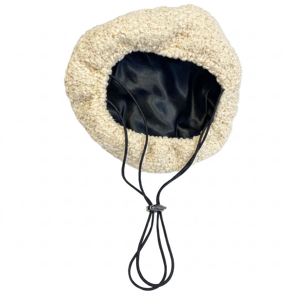 Ivory beret underside with black lining and drawstring preserved