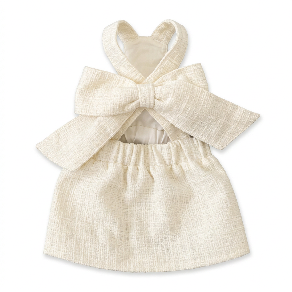Ivory bow pet dress on a clean square white background