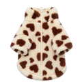 Ivory plush pet jacket with chocolate-brown hearts on a square white background