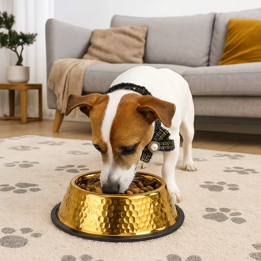 Jack Russell Terrier eating from the gold hammered bowl, wearing the black-and-gold tweed bow collar