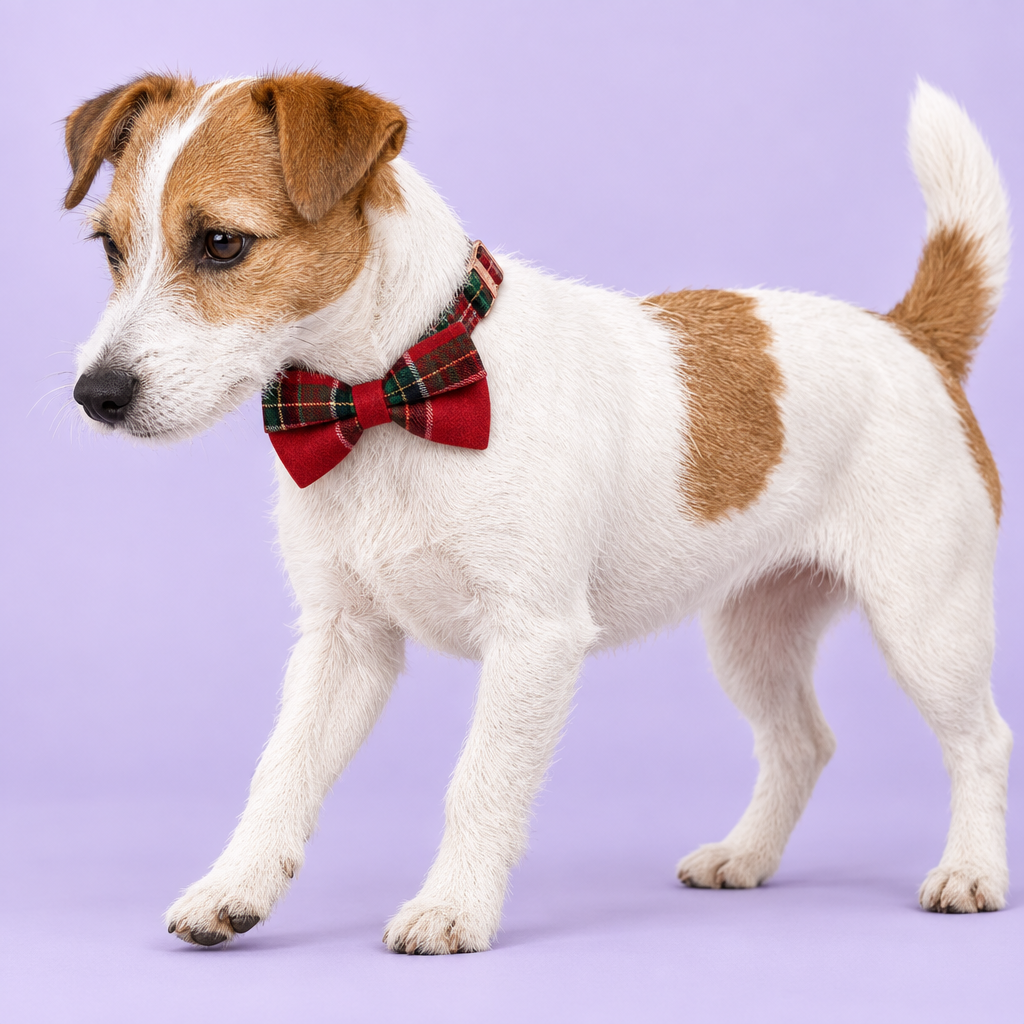 Jack Russell terrier stepping forward in red tartan bow collar