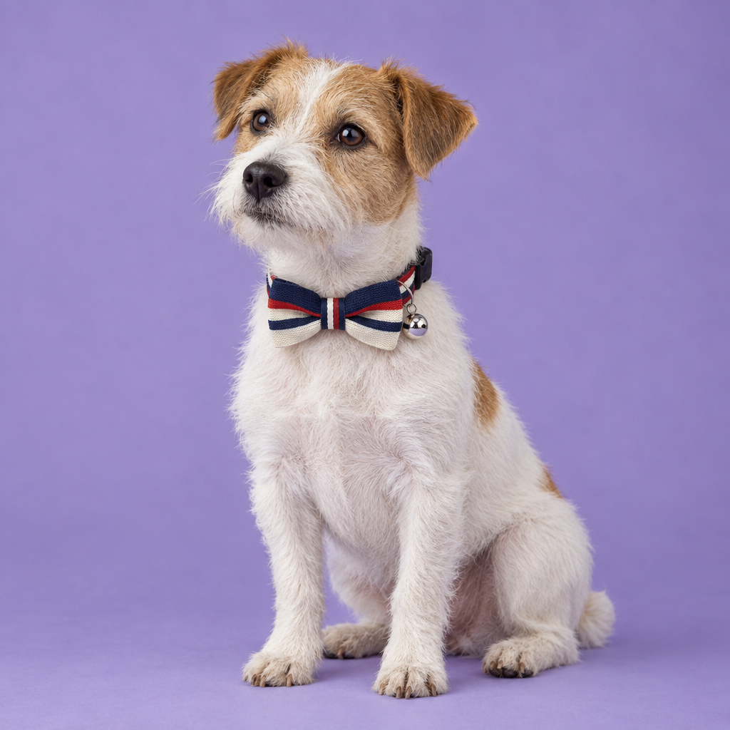 Jack Russell Terrier wearing the striped bow-tie collar