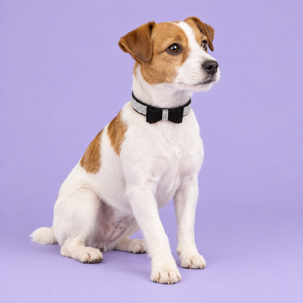 Jack Russell wearing the black crystal bow collar