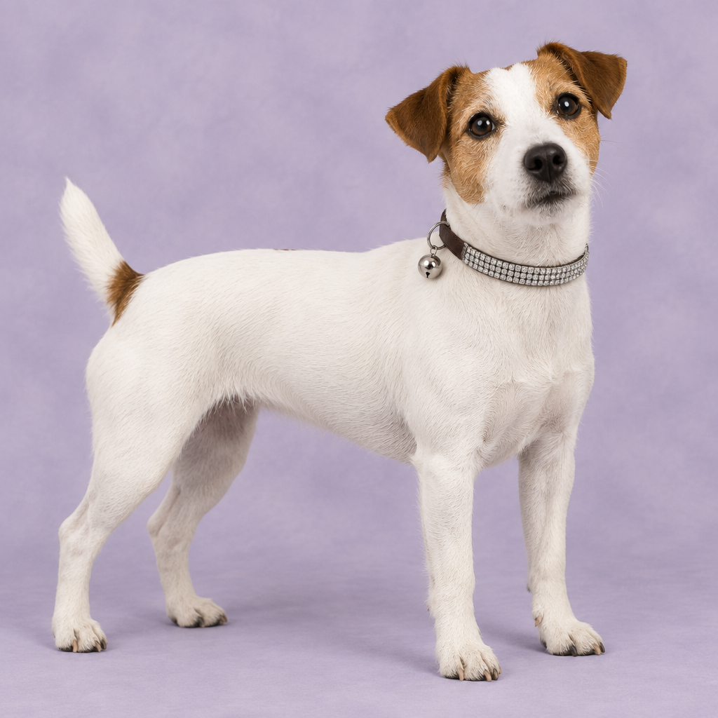 Jack Russell wearing the brown three-row crystal collar