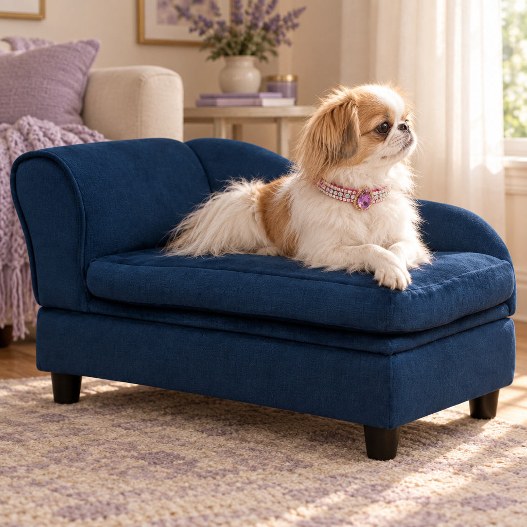 Japanese Chin on the blue couch