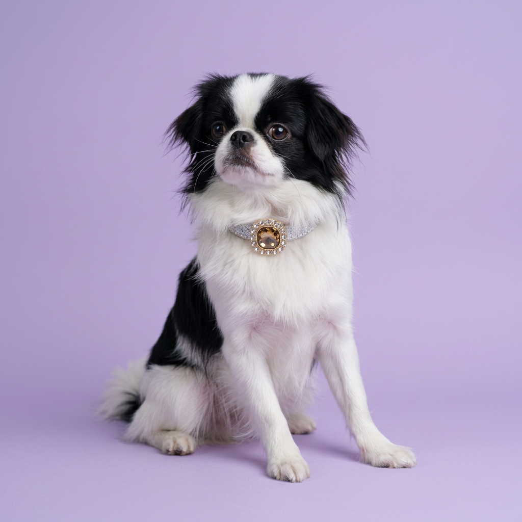 Japanese Chin seated side-on and looking back