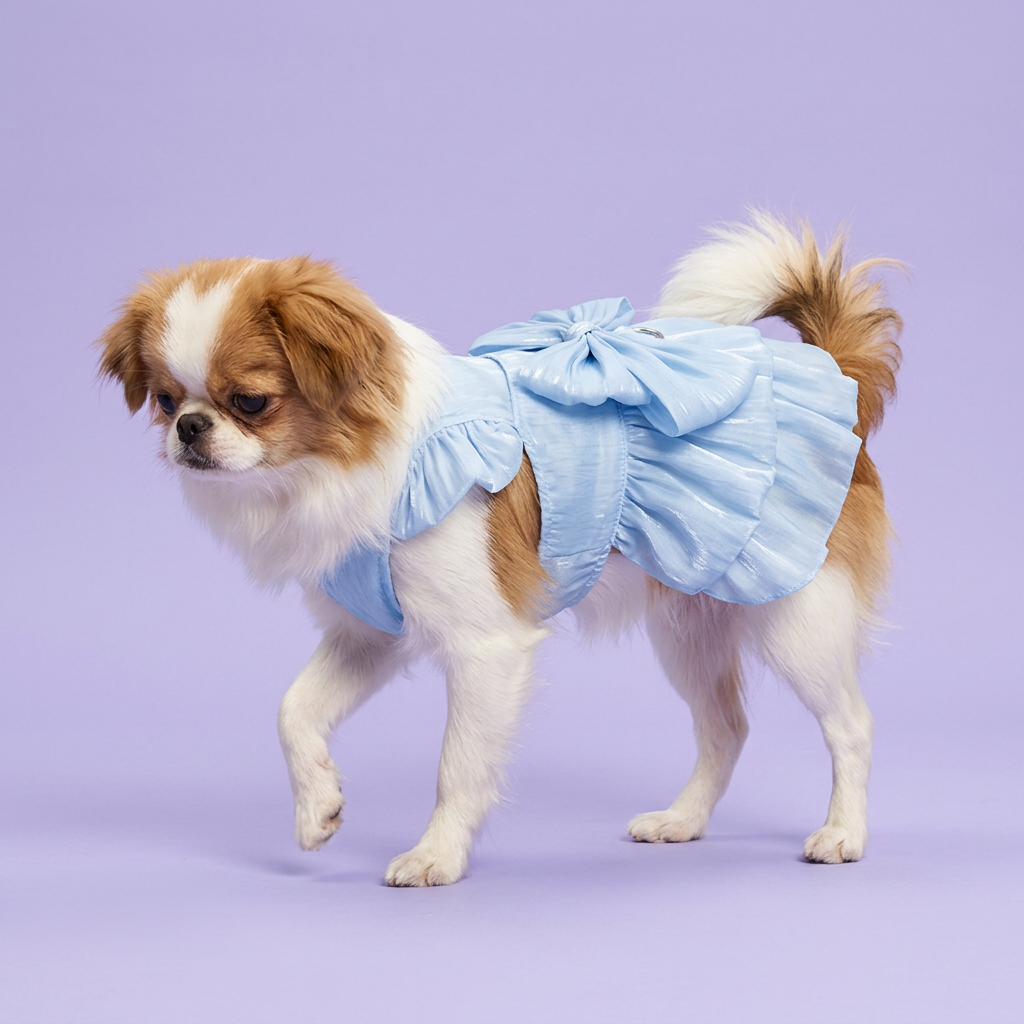 Japanese Chin stepping in the powder-blue dress