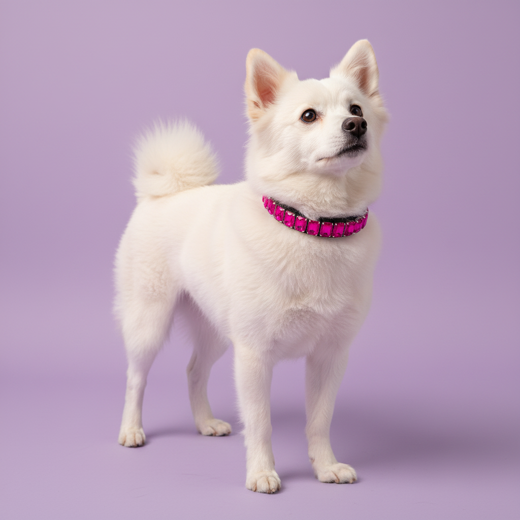 Japanese Spitz wearing a hot pink rhinestone collar against a soft lavender studio background.