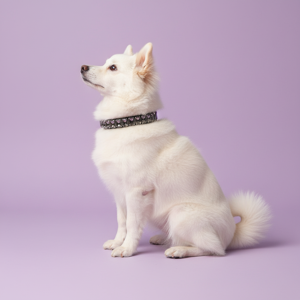 White Japanese Spitz sitting in profile and wearing a dark rhinestone collar against a soft lavender studio background.
