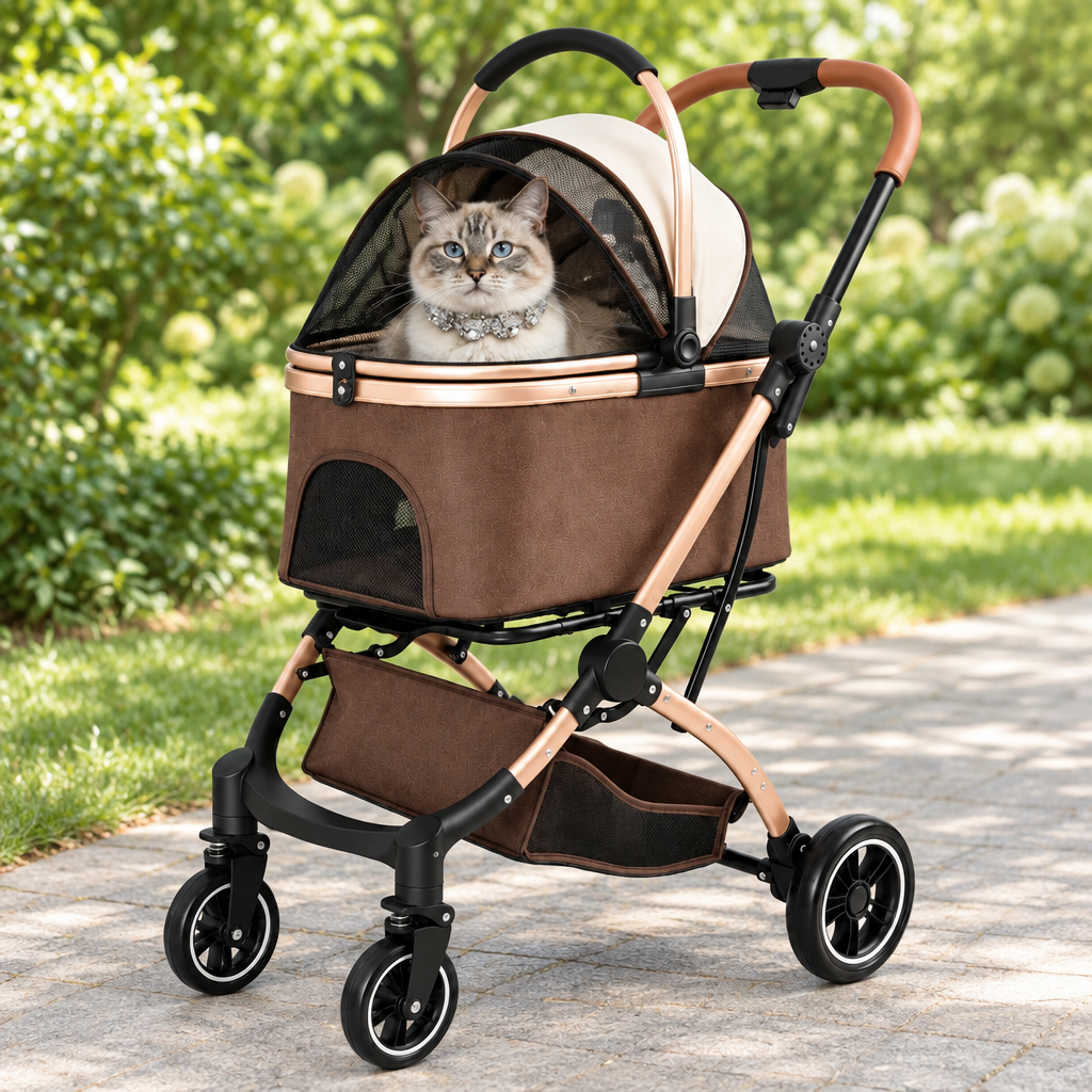Khaki and rose-gold pet stroller outdoors with cat