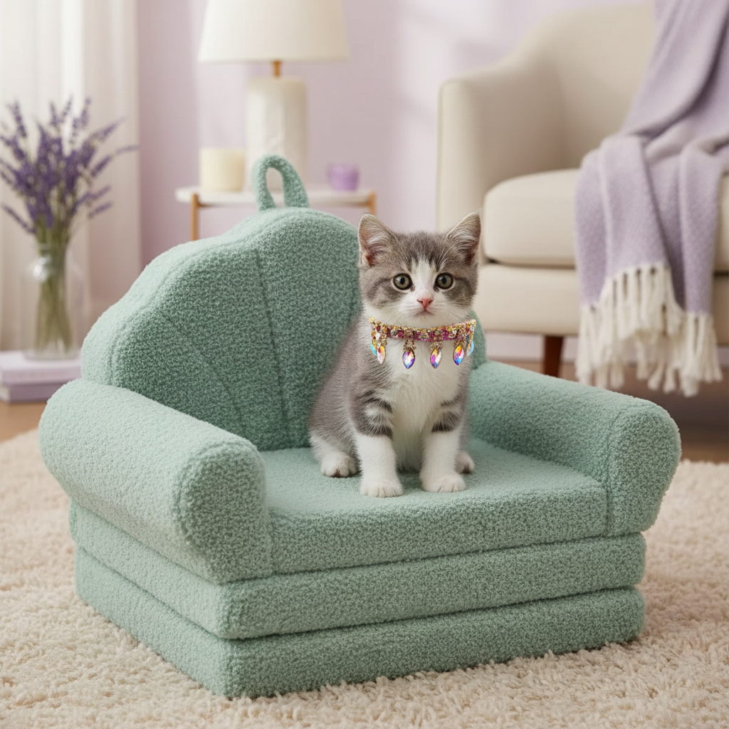 Kitten wearing the pink multicolor dangle collar on the larger pet chair