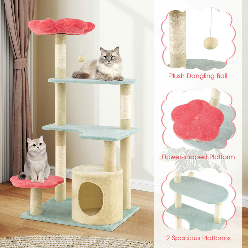 61-Inch Floral Cat Tree with Flower Perch, Condo & Sisal Posts