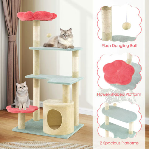 61-Inch Floral Cat Tree with Flower Perch, Condo & Sisal Posts