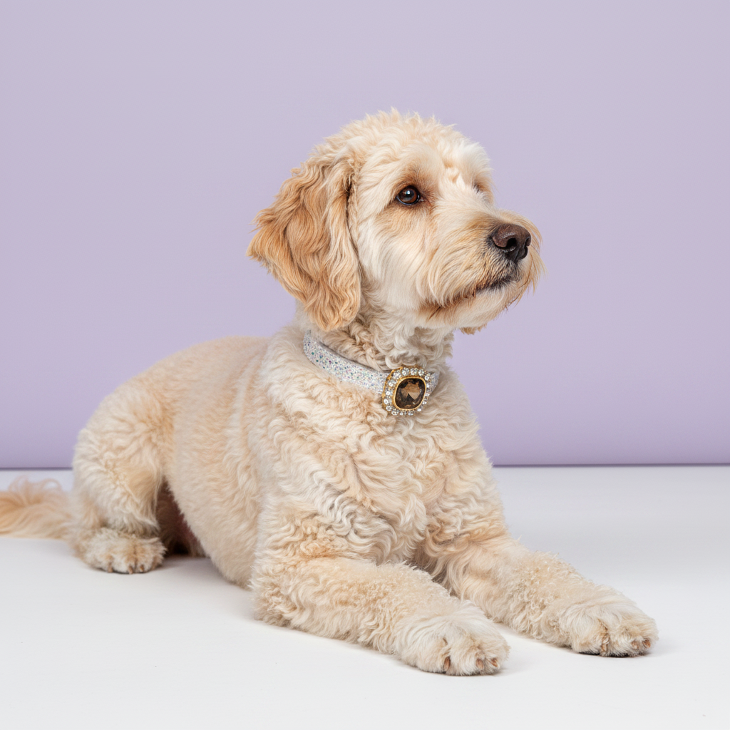 Cream Labradoodle lying down and gazing to the side wearing a white glitter rhinestone dog collar with smoky topaz cushion-cut gem and rhinestone halo centerpiece on lavender background