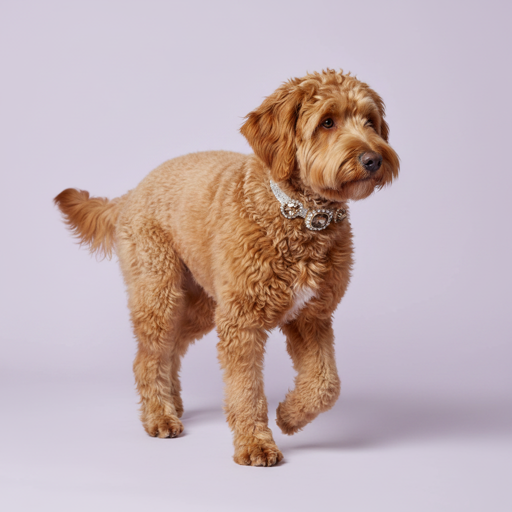 Golden Labradoodle mid-prance in three-quarter view wearing a silver rhinestone dog collar with triple smoky topaz cushion-cut gems and rhinestone halo accents on lavender background