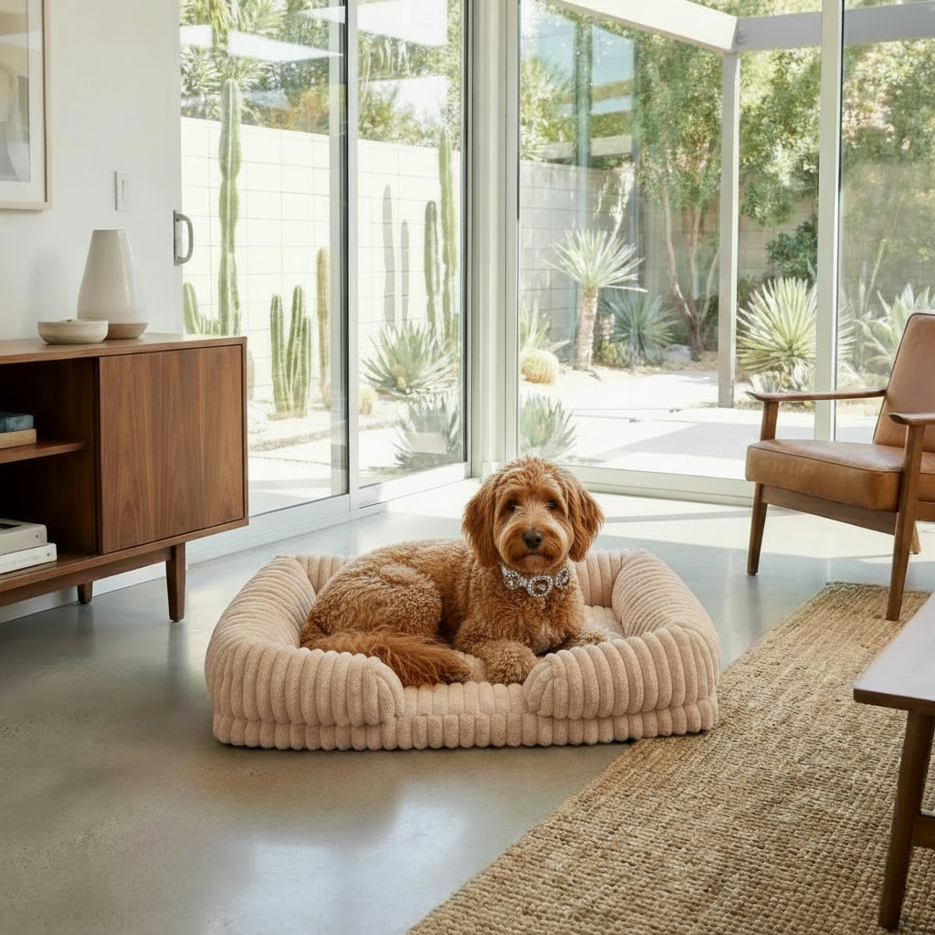 Labradoodle with Triple Topaz Collar on Beige Bed