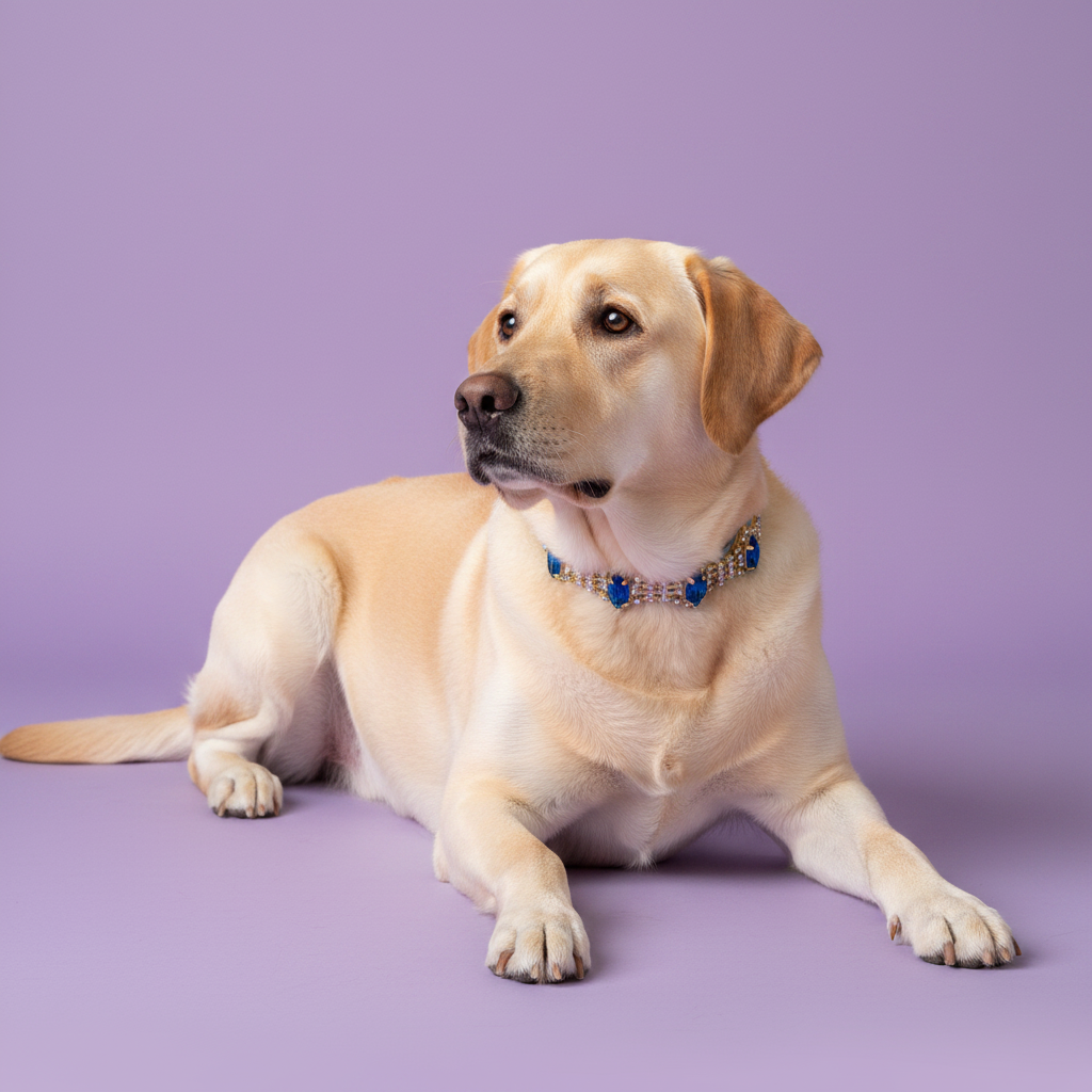 Yellow Labrador lounging and gazing to the side wearing a blue sapphire crystal rhinestone dog collar