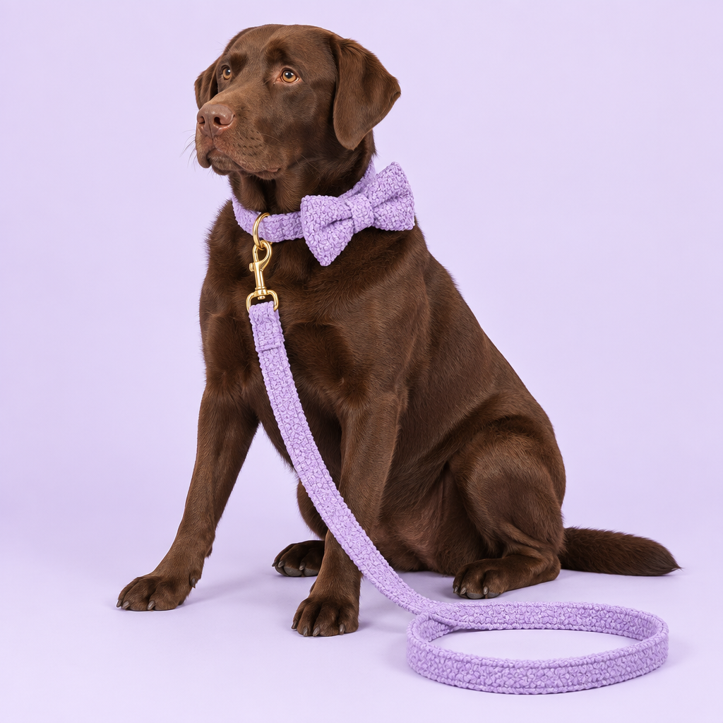 Labrador with side-positioned purple teddy-fleece bow tie and leash