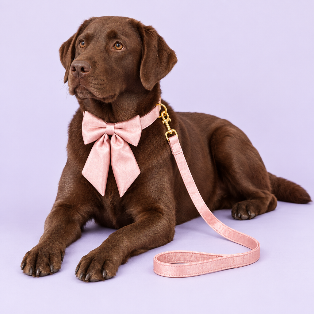 Labrador with silky pink long-tail bow collar and leash