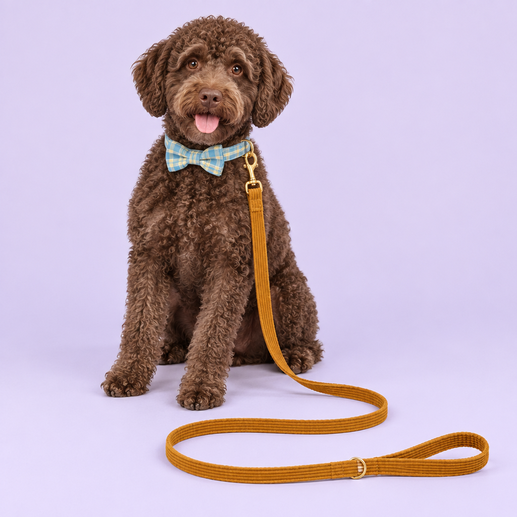 Lagotto with blue plaid bow collar and mustard corduroy leash