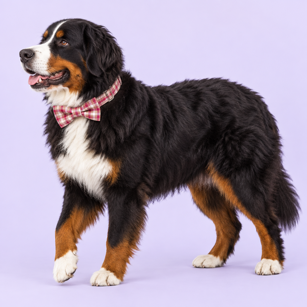 Large Bernese mountain dog wearing the red plaid collar