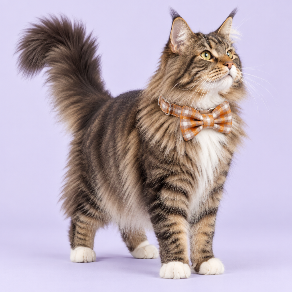 Large cat wearing the orange plaid collar