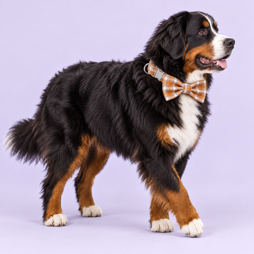 Large dog wearing the orange plaid collar