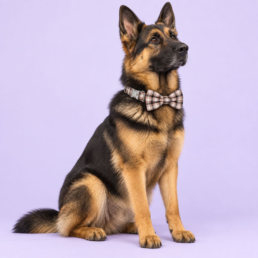 Large German Shepherd wearing the plaid collar