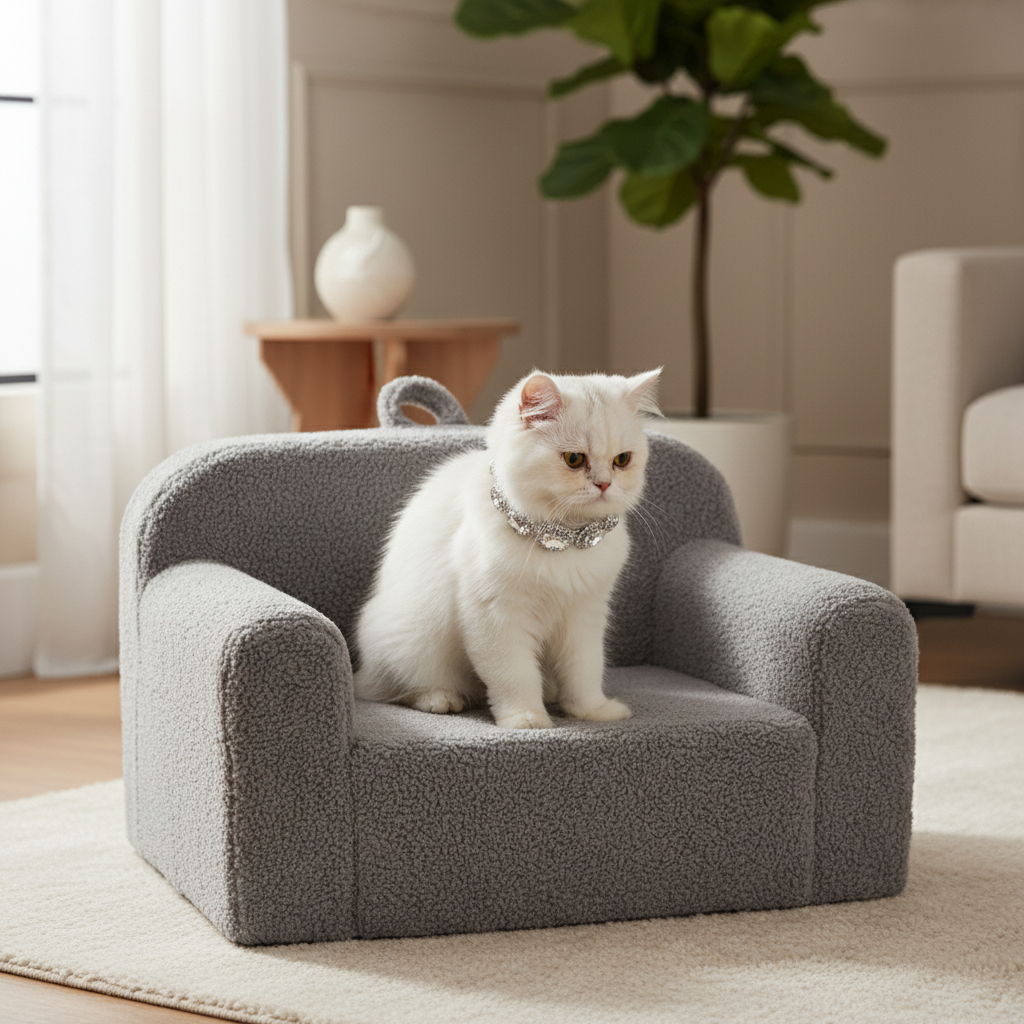 Large gray pet chair in an elegant living room with a cat wearing the silver rhinestone collar