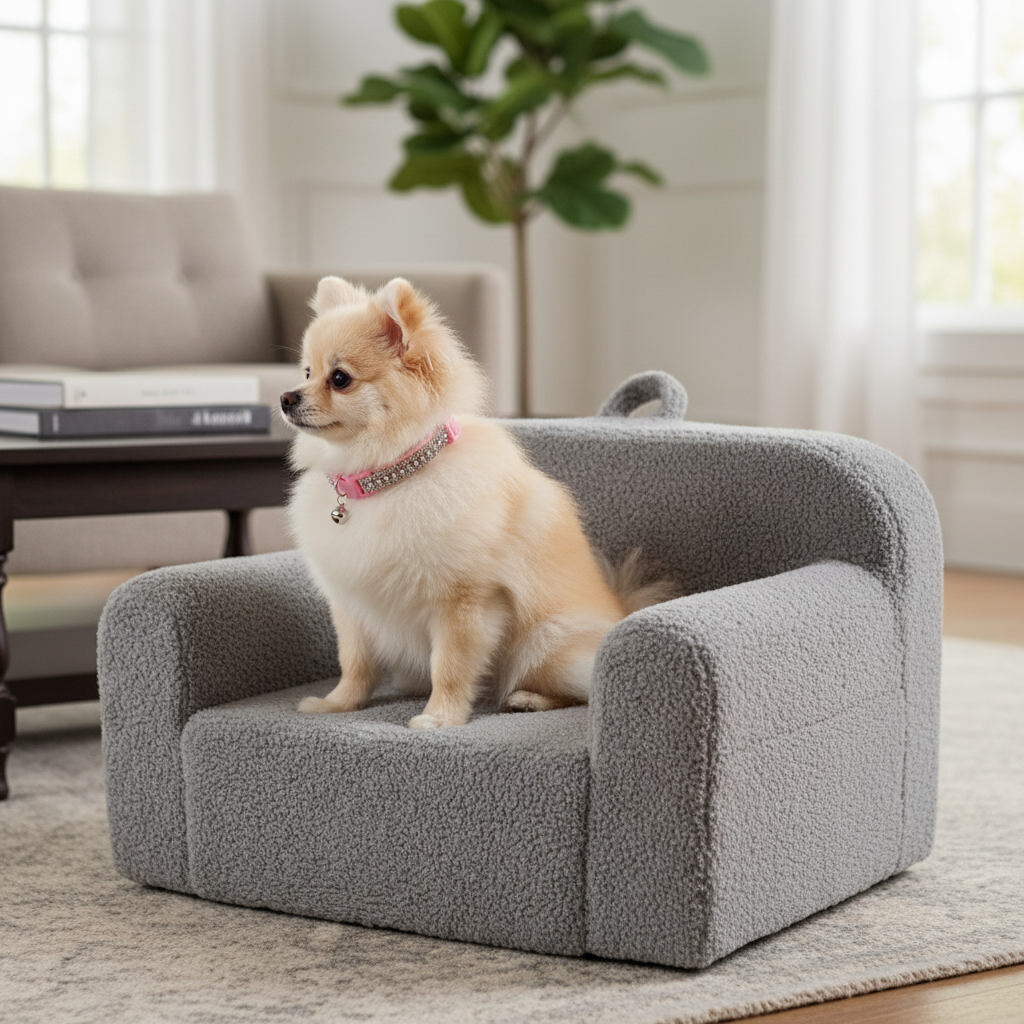 Large gray pet chair in an elegant living room with a small dog wearing the pink multicolor collar