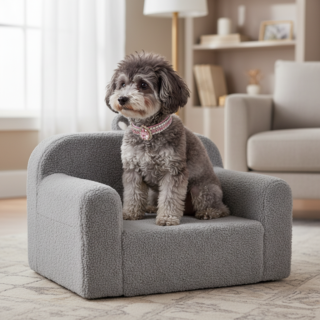 Large gray pet chair in an elegant living room with a small dog wearing the pink rhinestone collar