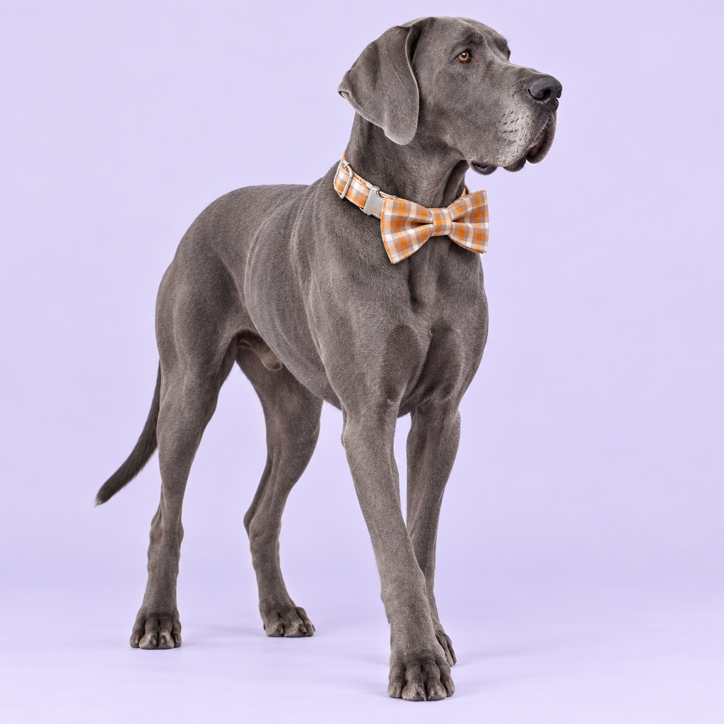 Large Great Dane beginning to walk in the orange plaid collar