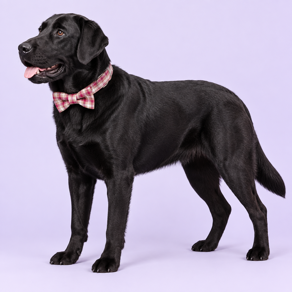 Large Labrador in profile wearing the red plaid collar