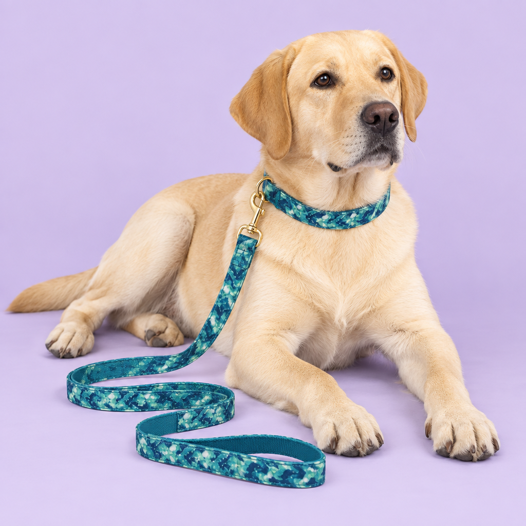 Large Labrador in the teal collar and leash set