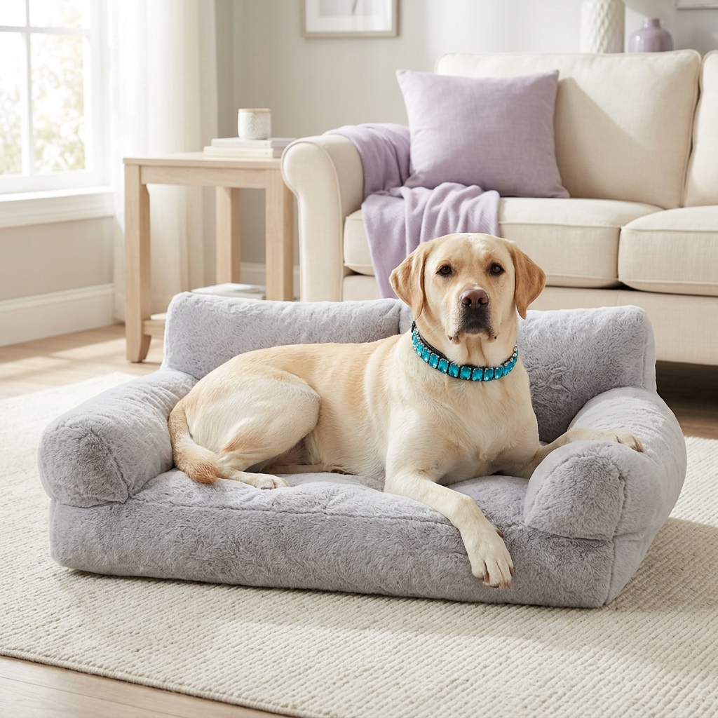 Large Labrador wearing a teal rhinestone collar on the gray pet couch in an elegant living room