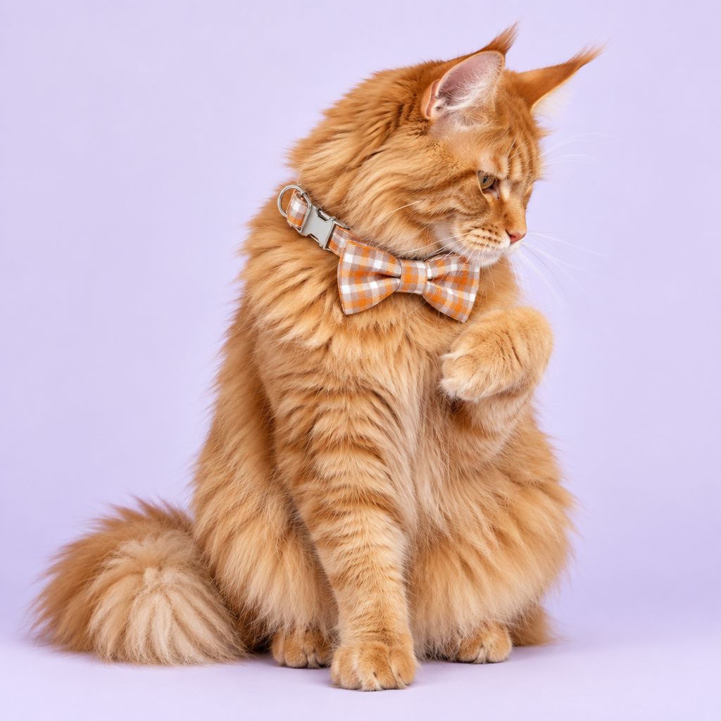 Large Maine Coon grooming in the orange plaid collar