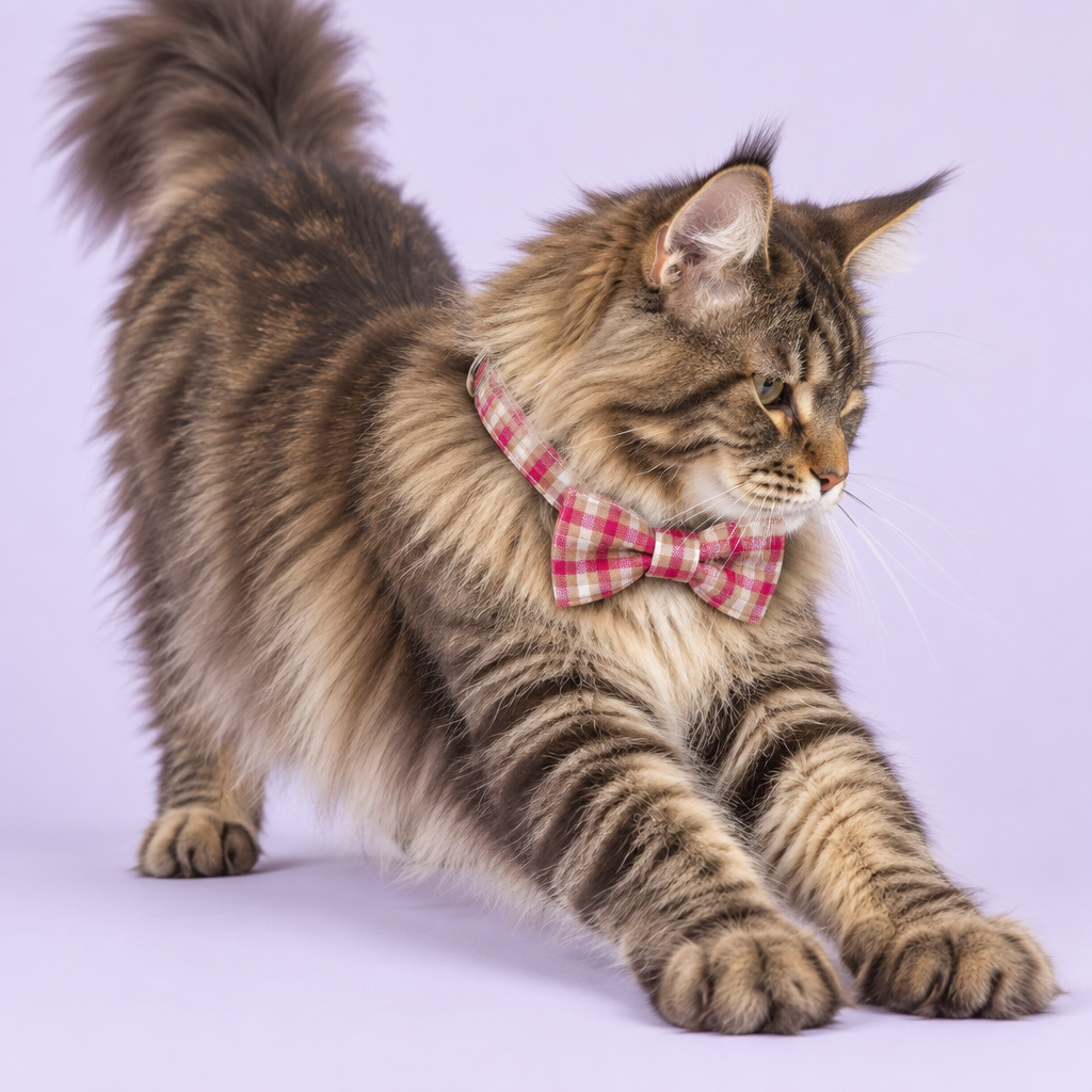 Large Maine Coon wearing the red plaid collar