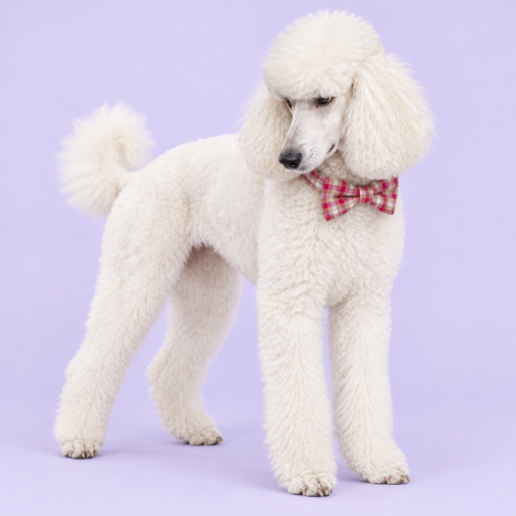 Large poodle looking down in the red plaid collar