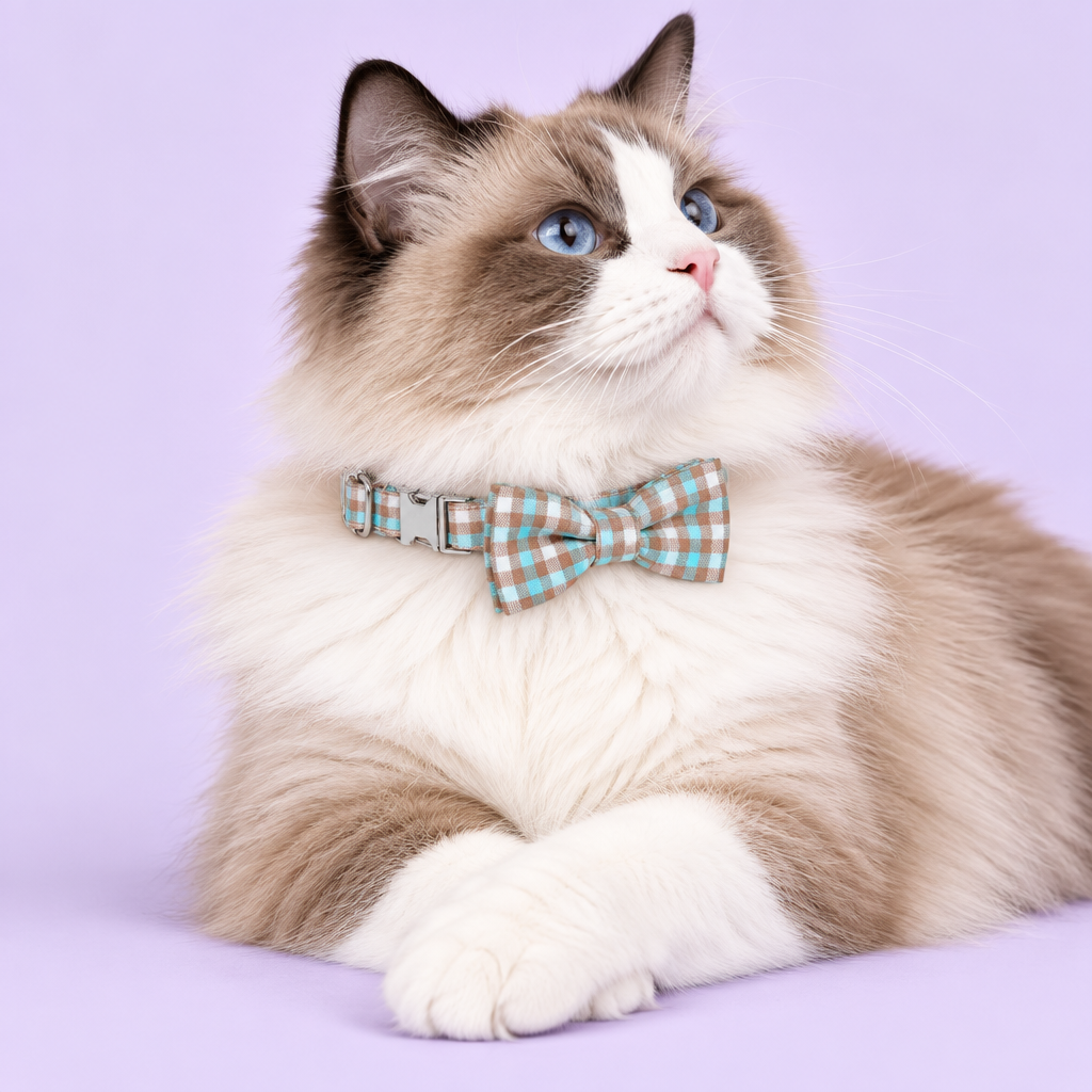 Large Ragdoll wearing the plaid collar