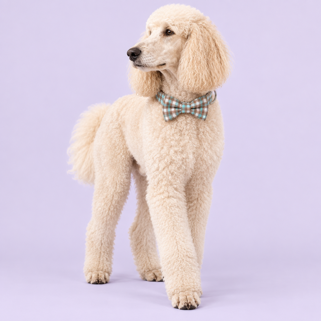 Large Standard Poodle wearing the plaid collar