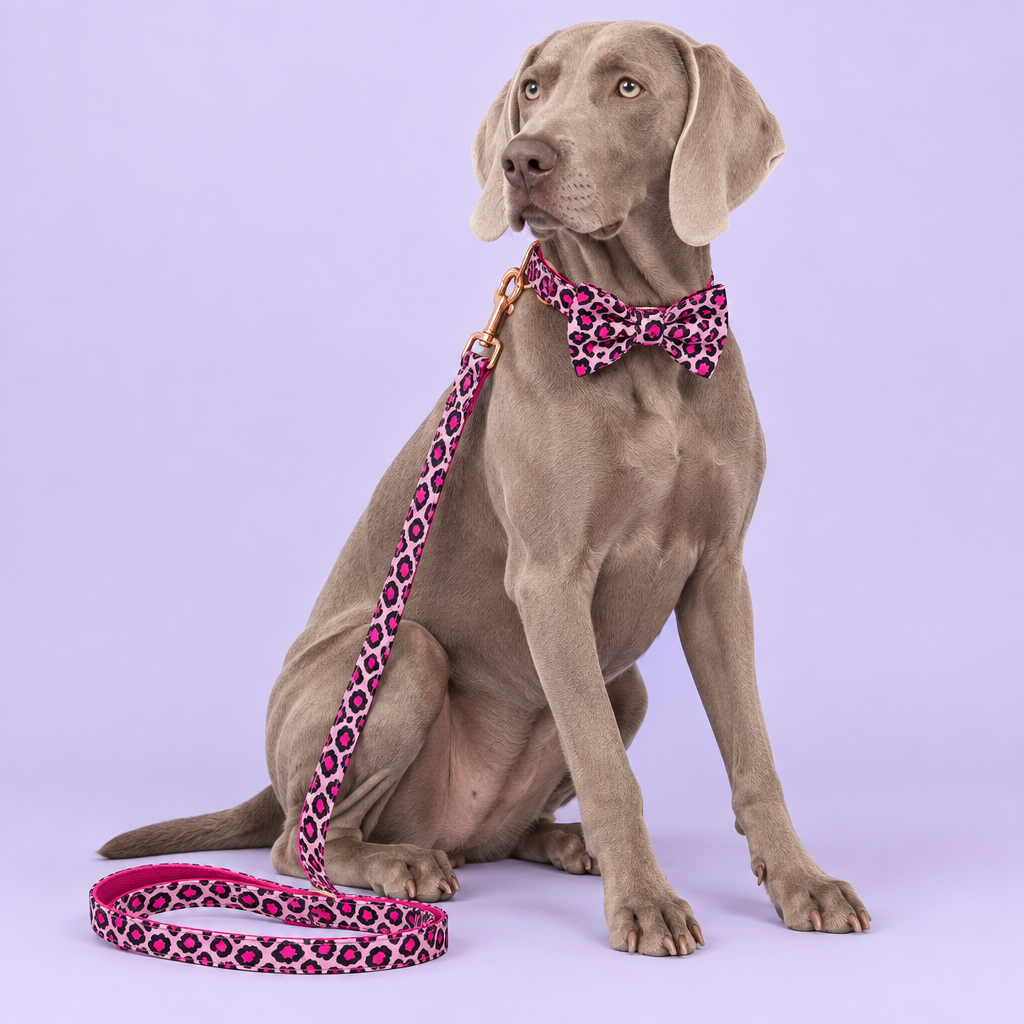Large Weimaraner with pink leopard bow collar and leash