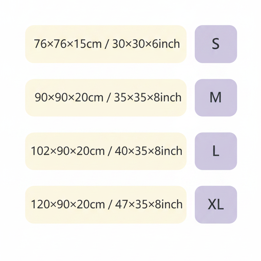 Size chart for a long shaggy faux fur rectangular pet sofa bed showing four sizes: S 76x76x15cm / 30x30x6 inches, M 90x90x20cm / 35x35x8 inches, L 102x90x20cm / 40x35x8 inches, and XL 120x90x20cm / 47x35x8 inches, displayed with cream pill-shaped labels and soft lavender size badges